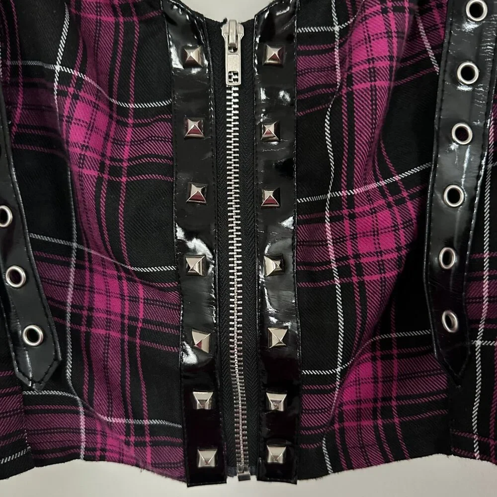 Dolls Kill Charm School Dropout Pink Plaid Bustier Zip Adjustable Top Large - Picture 2 of 7
